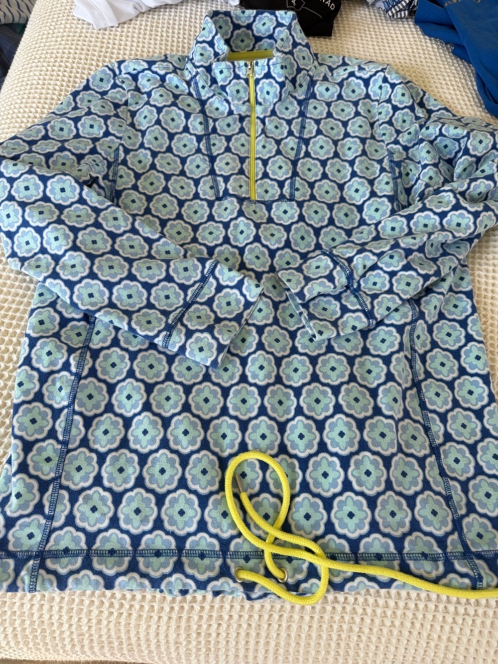 Talbots Blue Floral Quarter-Zip Pullover with Yellow Trim